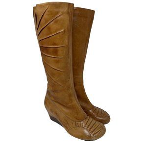 Miz Mooz Amity Ruched Boots Tan Brown Leather Knee High Heeled Wedge Shoes